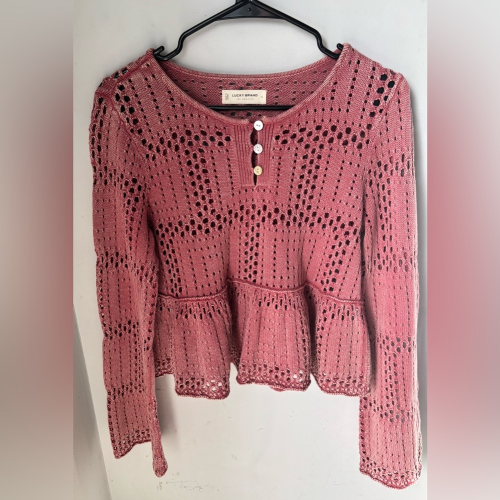 Lucky Brand Open Stitch Peplum Long Bell Sleeve Sweater Top Crochet style Small - Picture 2 of 6